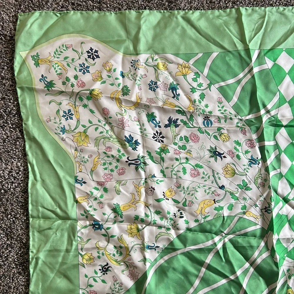 GUMPS 100% Silk Scarf Green White Floral Checkerboard Luxury Scarf